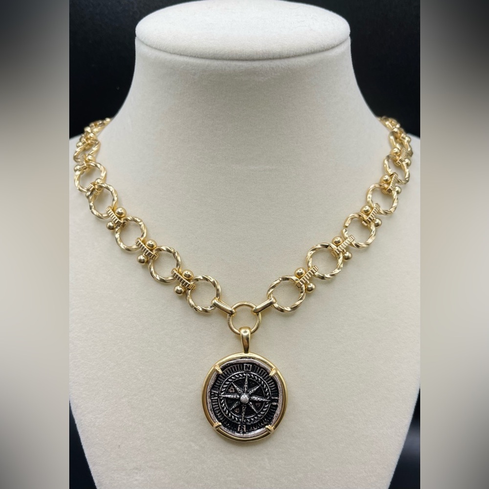 Costume jewelry! Ancient Greek reproduction matte gold compass coin necklace1